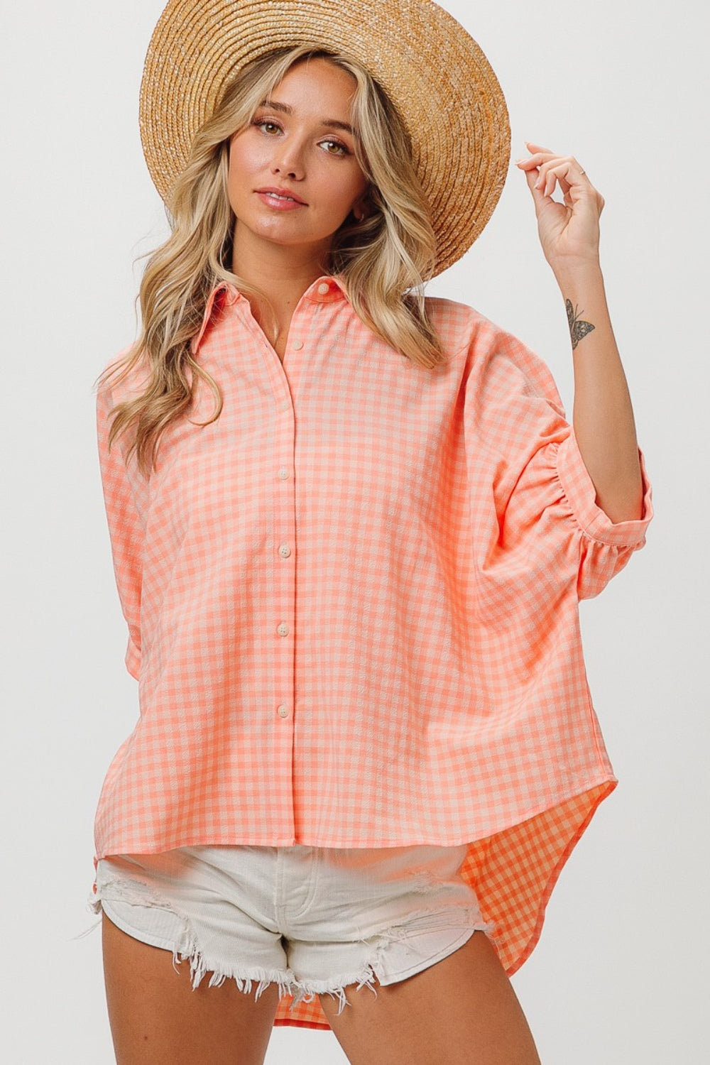 TEEK - Light Coral Plaid Button Up Dolman Sleeve Shirt TOPS TEEK Trend   