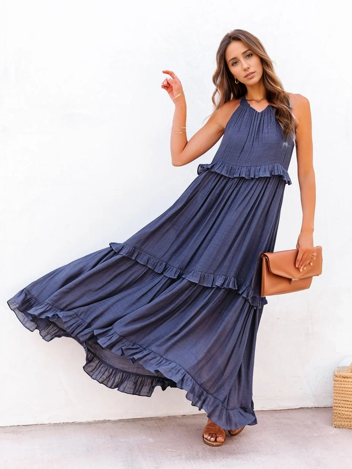 TEEK - Ruffled Sleeveless Tiered Pocketed Dress DRESS TEEK Trend Dark Blue S 