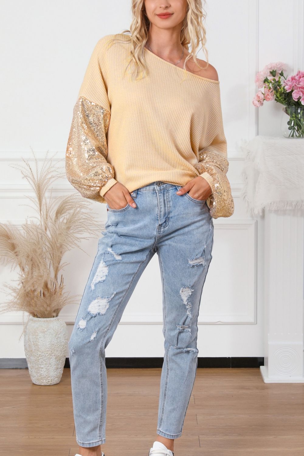 TEEK - Sequin Crisscross Boat Neck Long Sleeve Blouse TOPS TEEK Trend