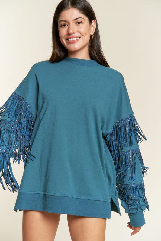 TEEK - Plus Size Silver Studded Fringe Sleeve Top TOPS TEEK FG   