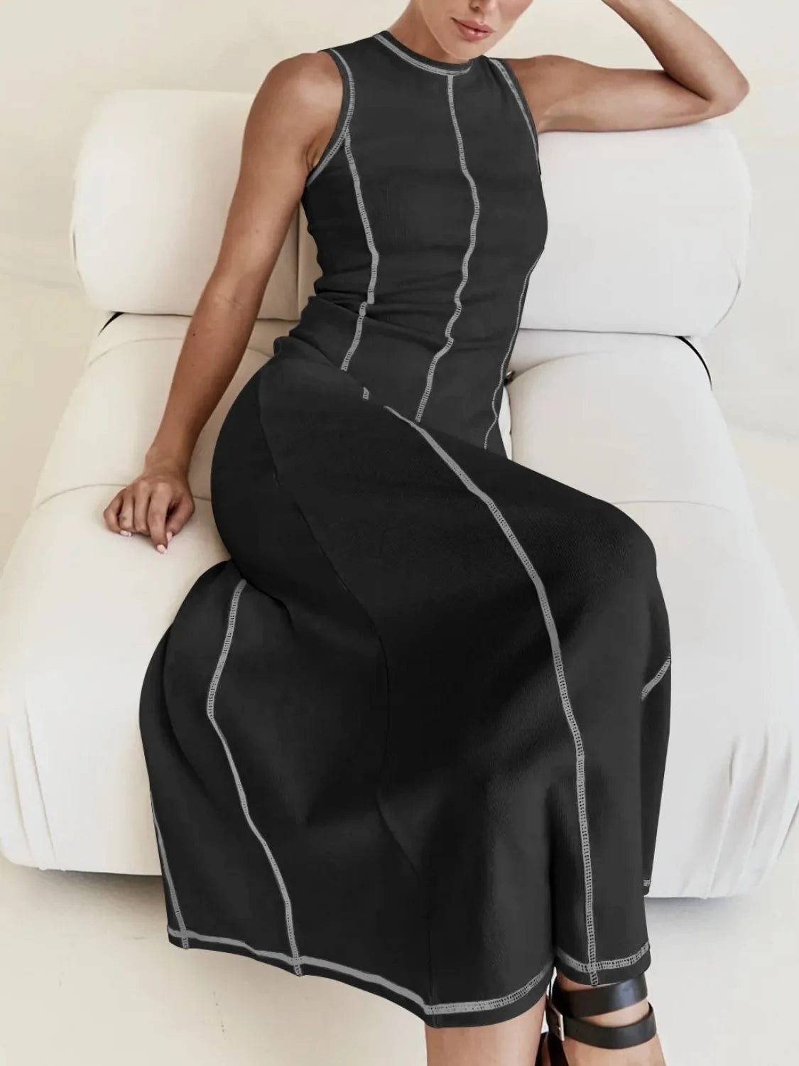TEEK - Contrast Stitching Round Neck Sleeveless Dress DRESS TEEK Trend
