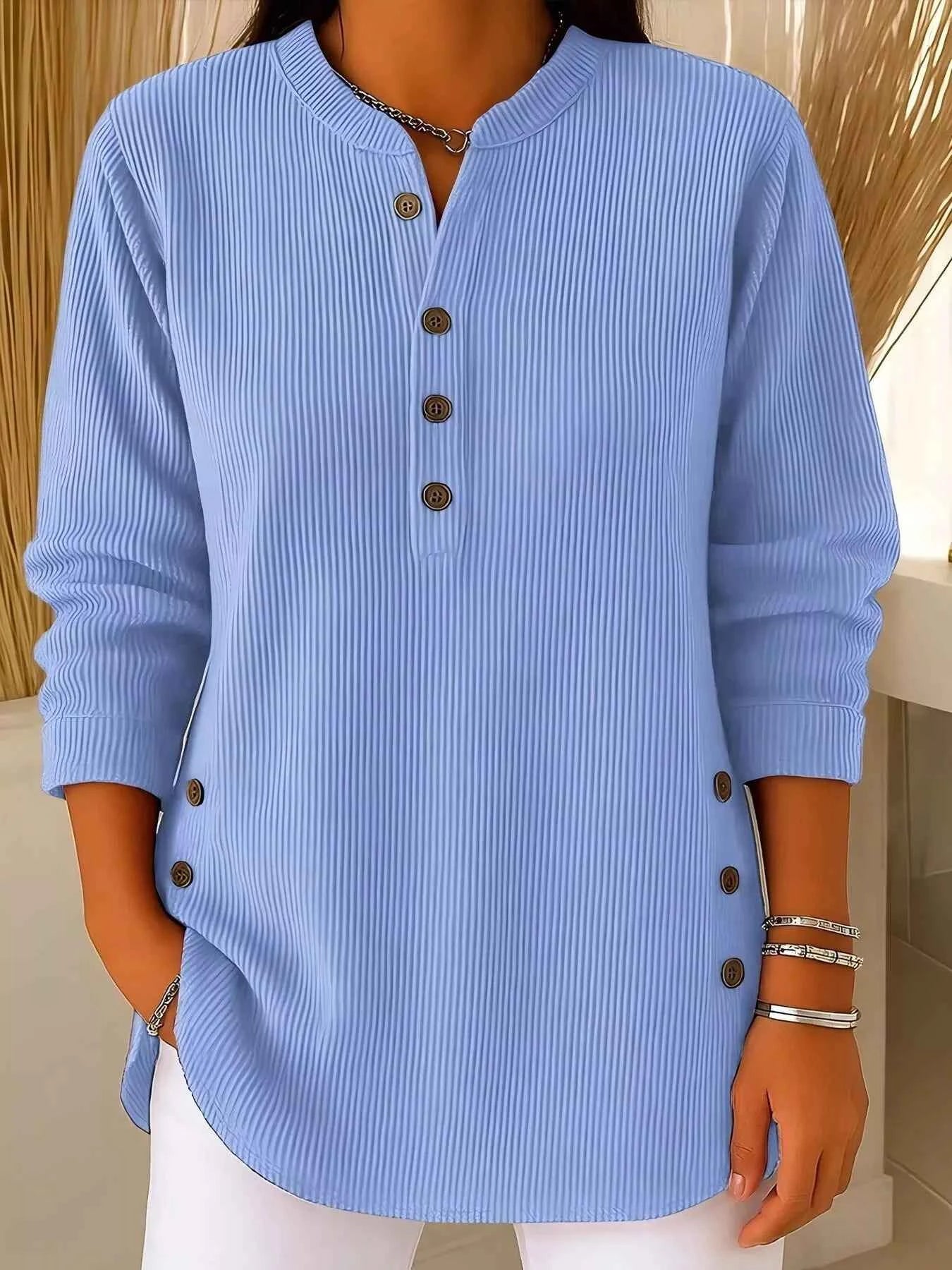 TEEK - Full Size Ribbed Half Button Henley Top Plus Size TOPS TEEK Trend Blue S