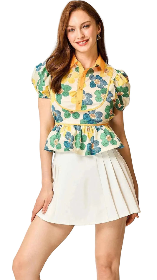 Umgee Floral Print Puff Sleeve Cropped Blouse Trendsi YELLOW/GREEN S
