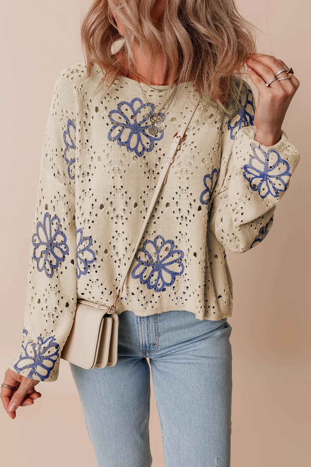 TEEK - Floral Breathable Round Neck Long Sleeve Knit Top TOPS TEEK Trend   