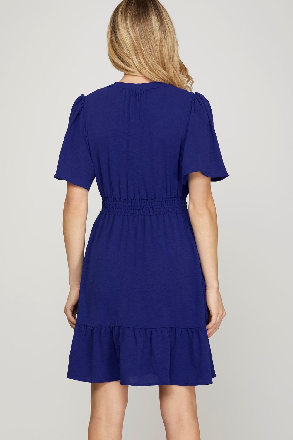 TEEK - Navy Ruffled Hem Notched Flutter Sleeve Dress DRINKING GLASS TEEK Trend