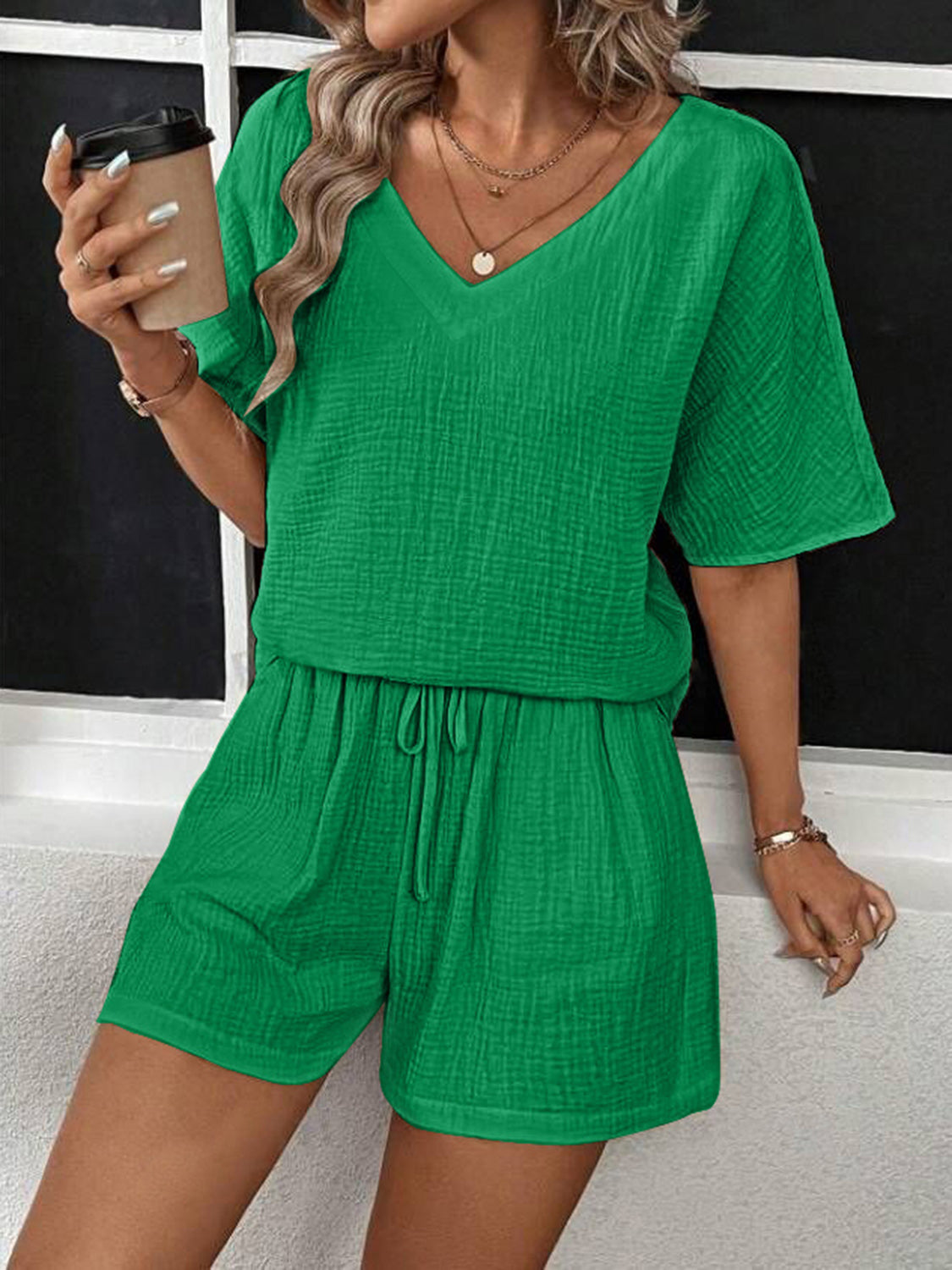TEEK - V-Neck Half Sleeve Top Drawstring Shorts Set SET TEEK Trend Mid Green S 