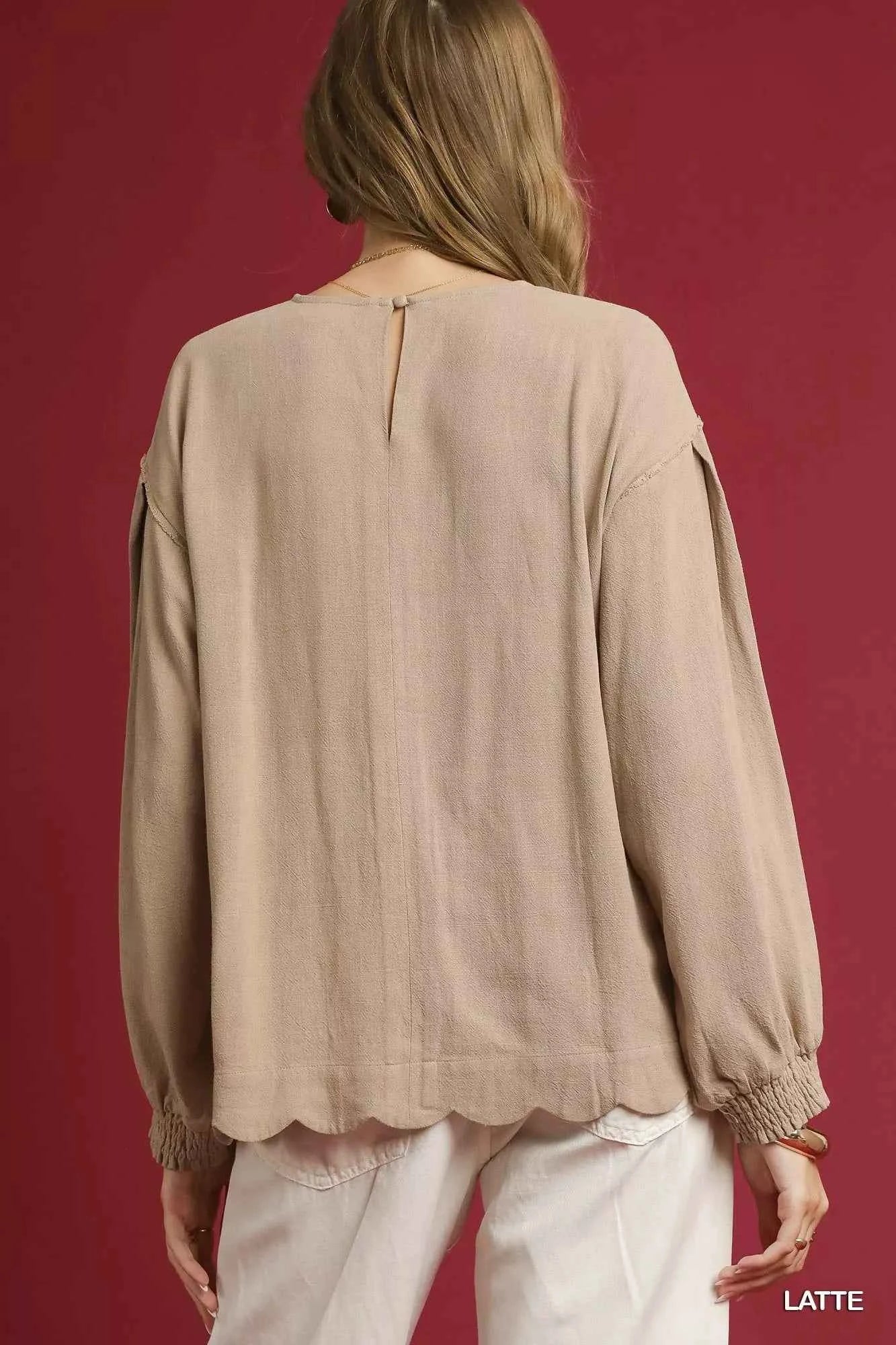 TEEK - Linen Scallop Hem Long Sleeve Blouse TOPS TEEK Trend