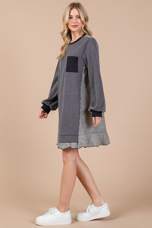 TEEK - Charcoal Striped Patchwork Terry Sweatshirt Dress DRESS TEEK Trend