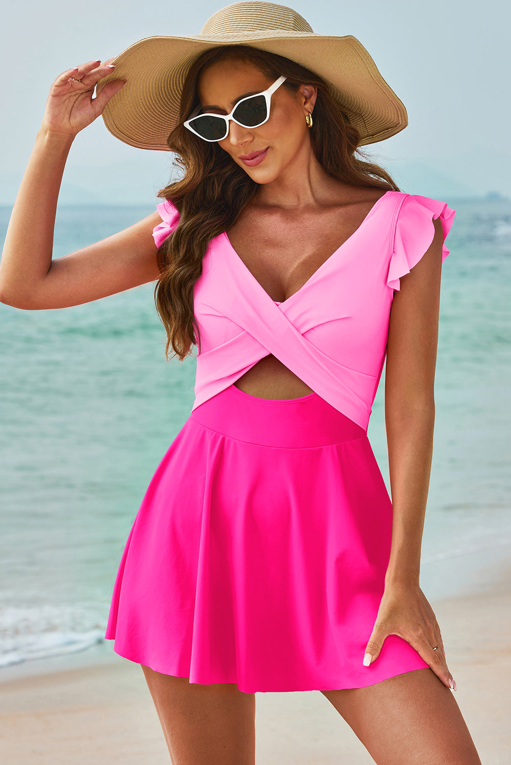 TEEK - Skirted V-Neck Ruffle Cap Sleeve One-Piece Swimwear SWIMWEAR TEEK Trend Pink S 