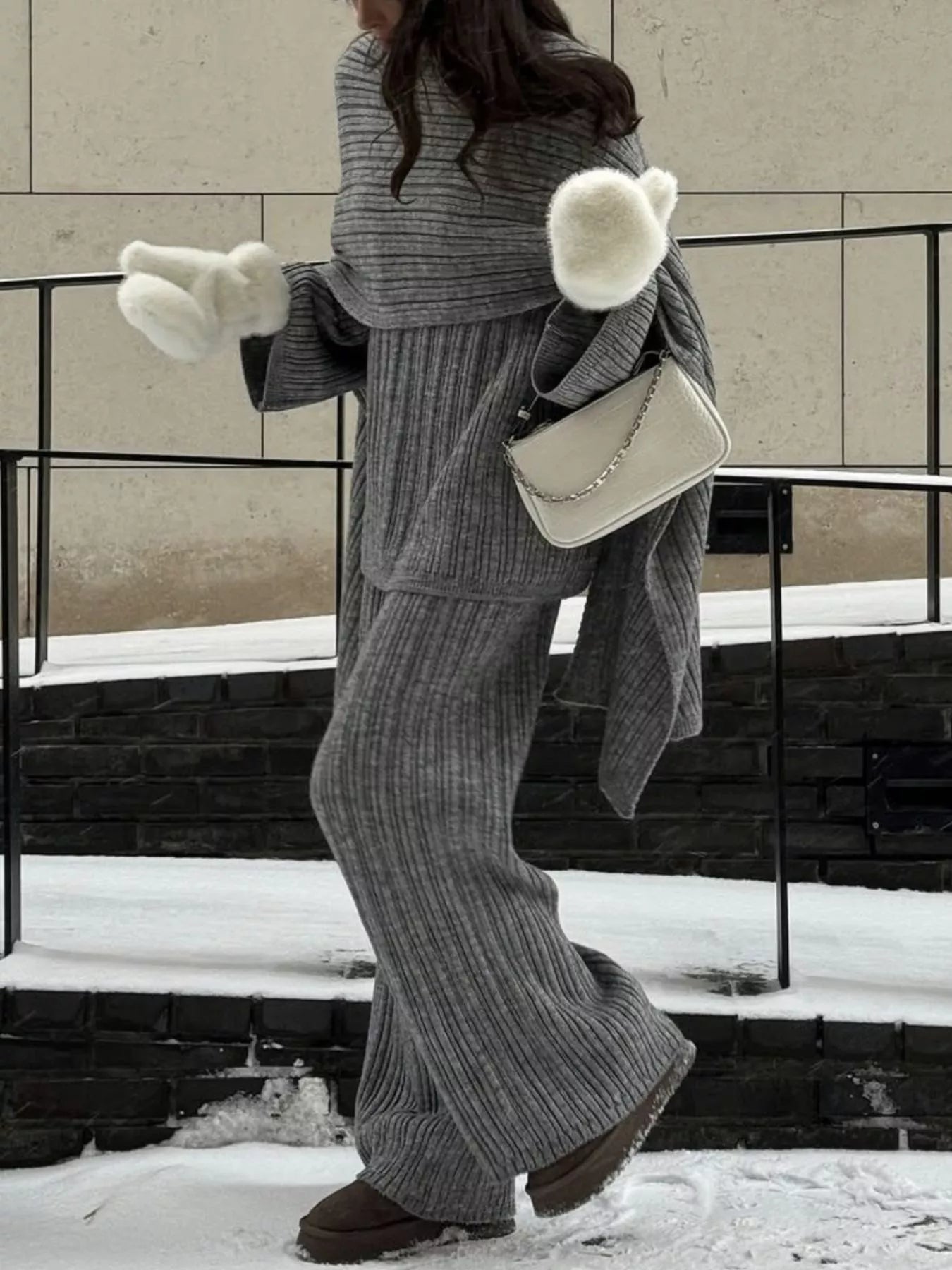 3-Piece Crew Neck Ribbed Sweater and Wide-Leg Pants Set with Scarf Trendsi