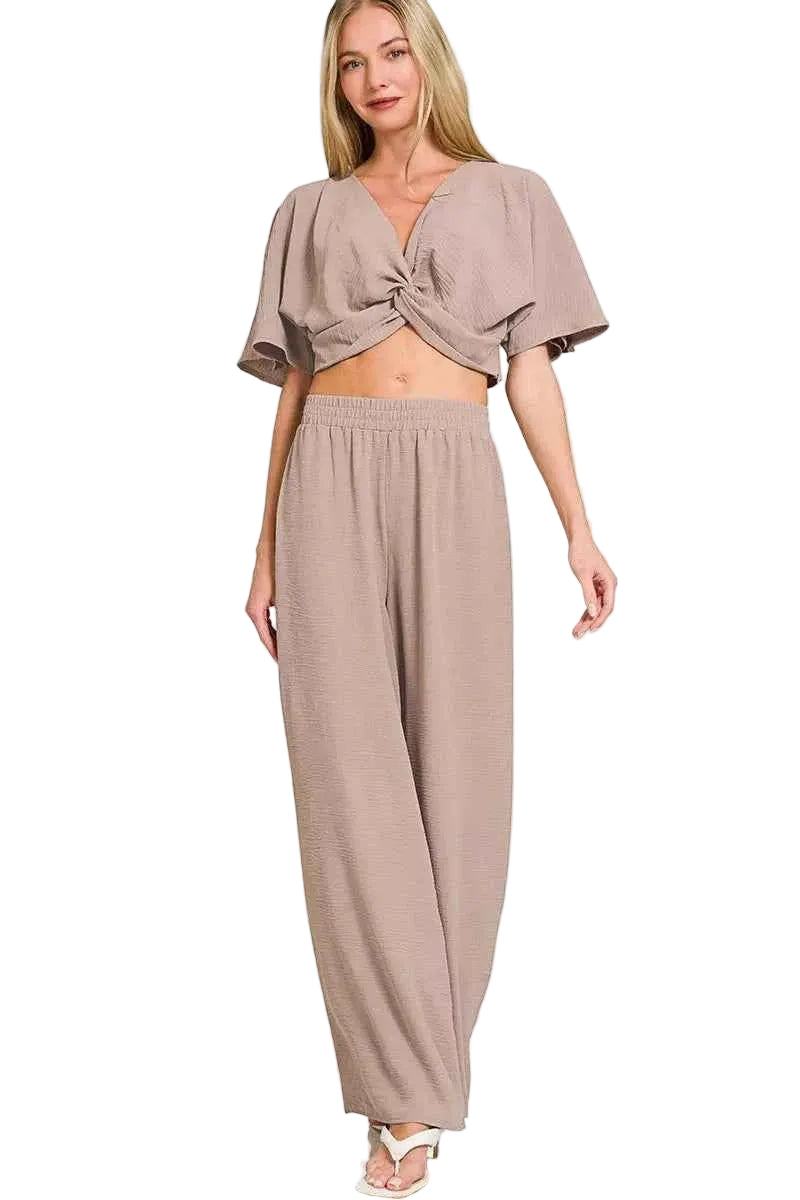 TEEK - Woven Airflow Twisted Top & Wide Leg Pants Set SET TEEK Trend ASH MOCHA S