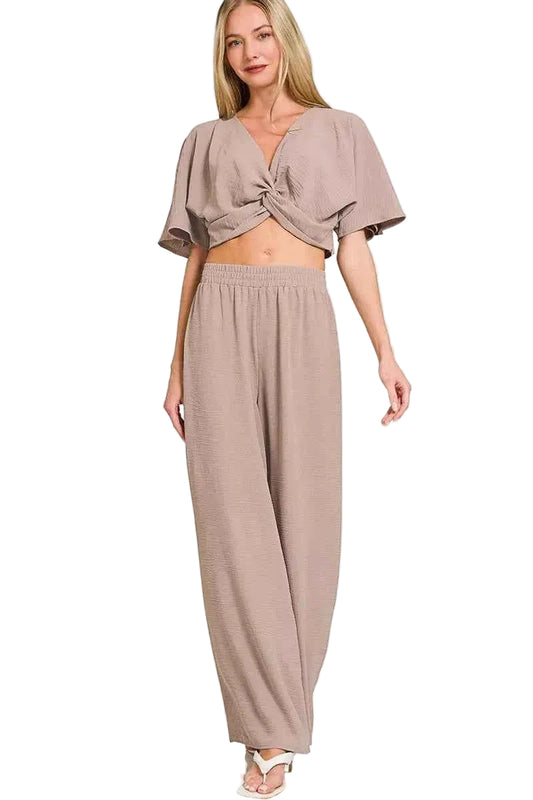 TEEK - Woven Airflow Twisted Top & Wide Leg Pants Set SET TEEK Trend ASH MOCHA S