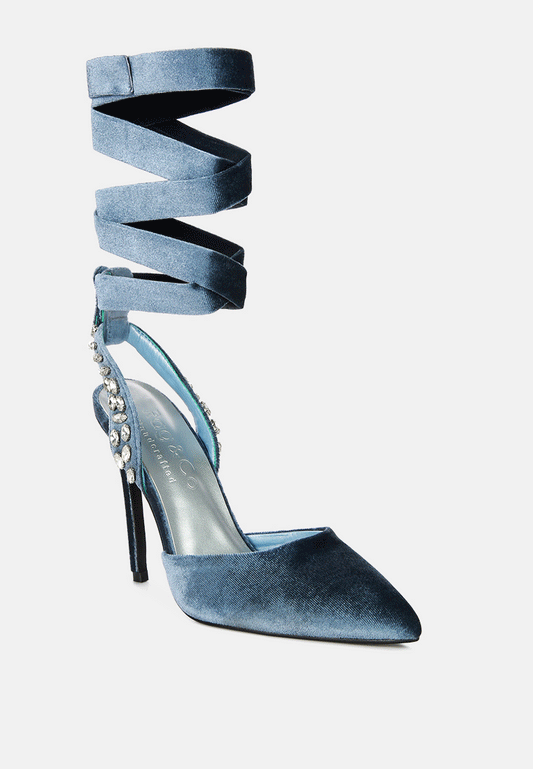 TEEK - Wallis Blue Velvet Diamante Stud Tie Up Sandals