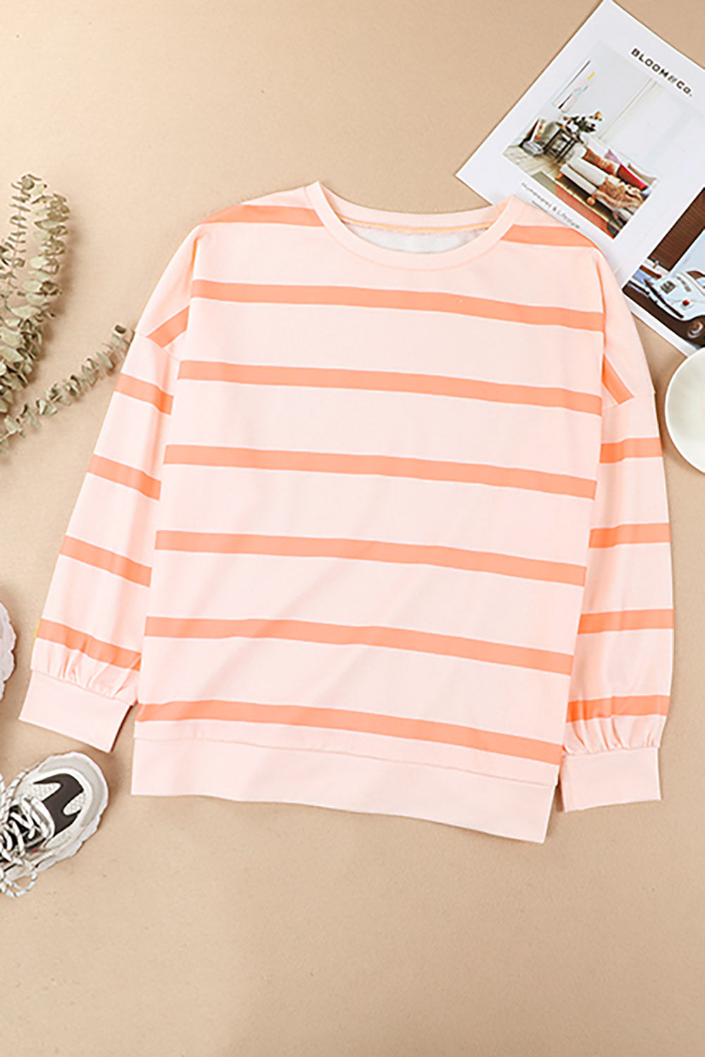 TEEK - Sherbet Striped Round Neck Long Sleeve Sweatshirt TOPS TEEK Trend