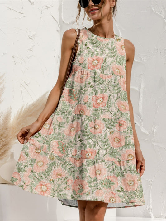 TEEK - Tiered Printed Round Neck Sleeveless Dress DRESS TEEK Trend Peach S 