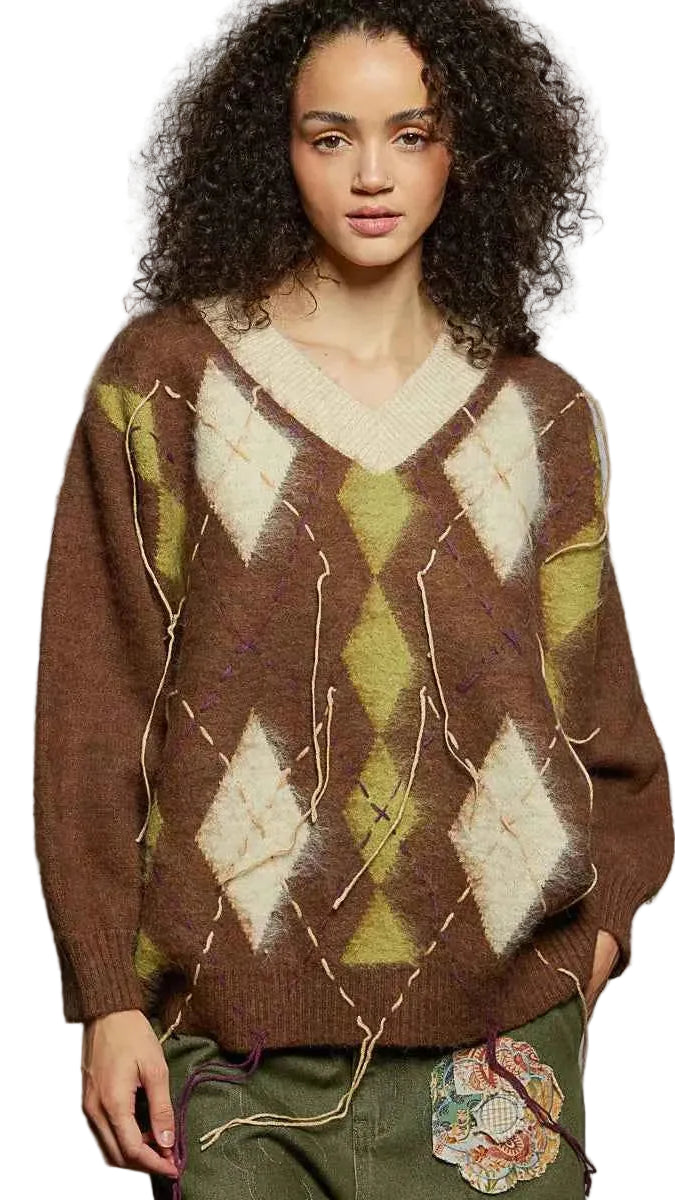 POL V-Neck Argyle Pattern Mohair Sweater with Contrast Exposed Stitch Detail