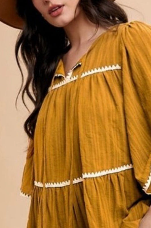 TEEK - Mustard Tassel Trim Tie Neck Half Sleeve Tiered Dress DRESS TEEK Trend