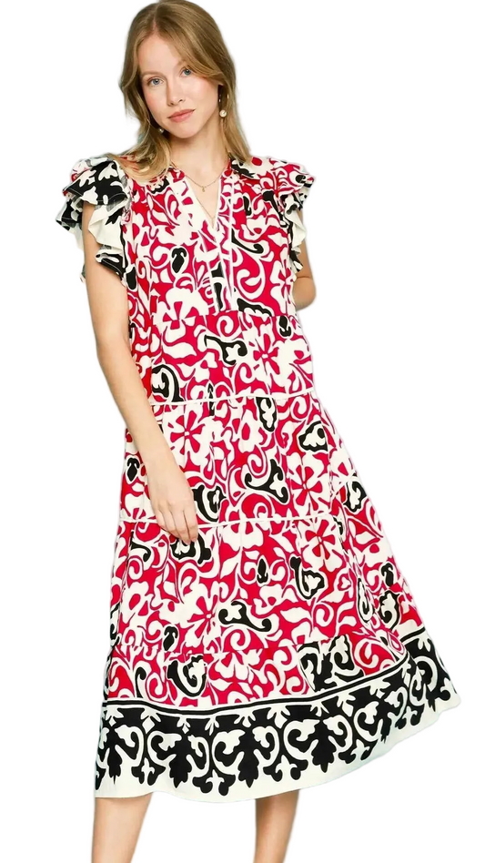 Umgee Printed Ruffled Cap Sleeve Midi Dress