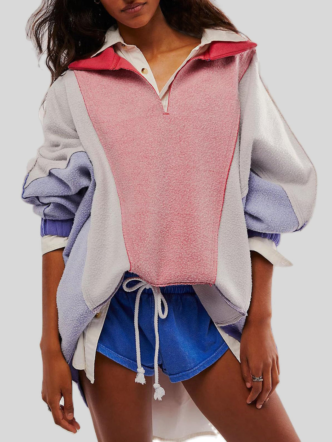 TEEK - High-Low Exposed Seam Contrast Long Sleeve Sweatshirt TOPS TEEK Trend Pink/White/Blue S