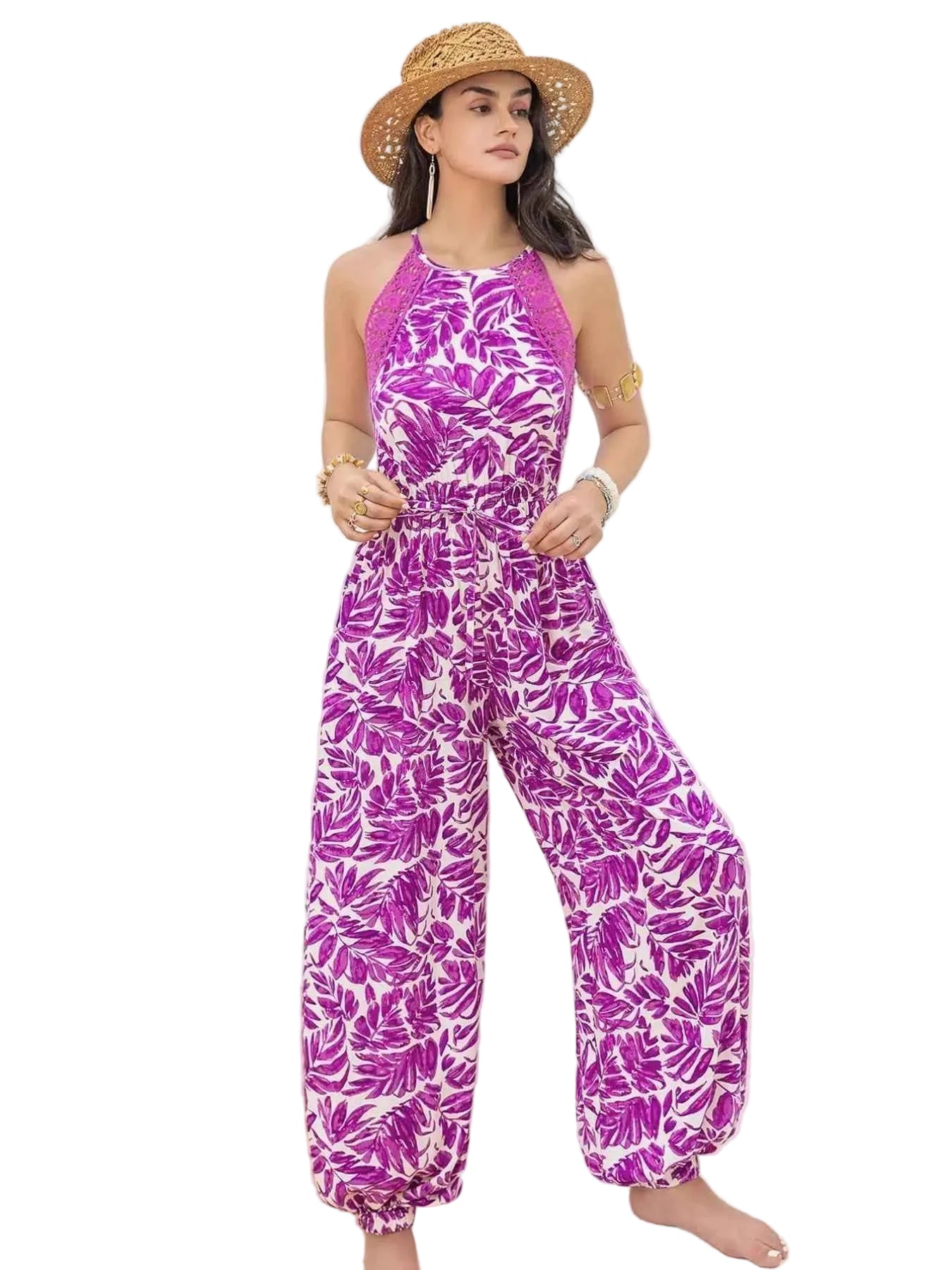 TEEK - Leaf Print Sleeveless Jumpsuit Trendsi Vivid Violet XS