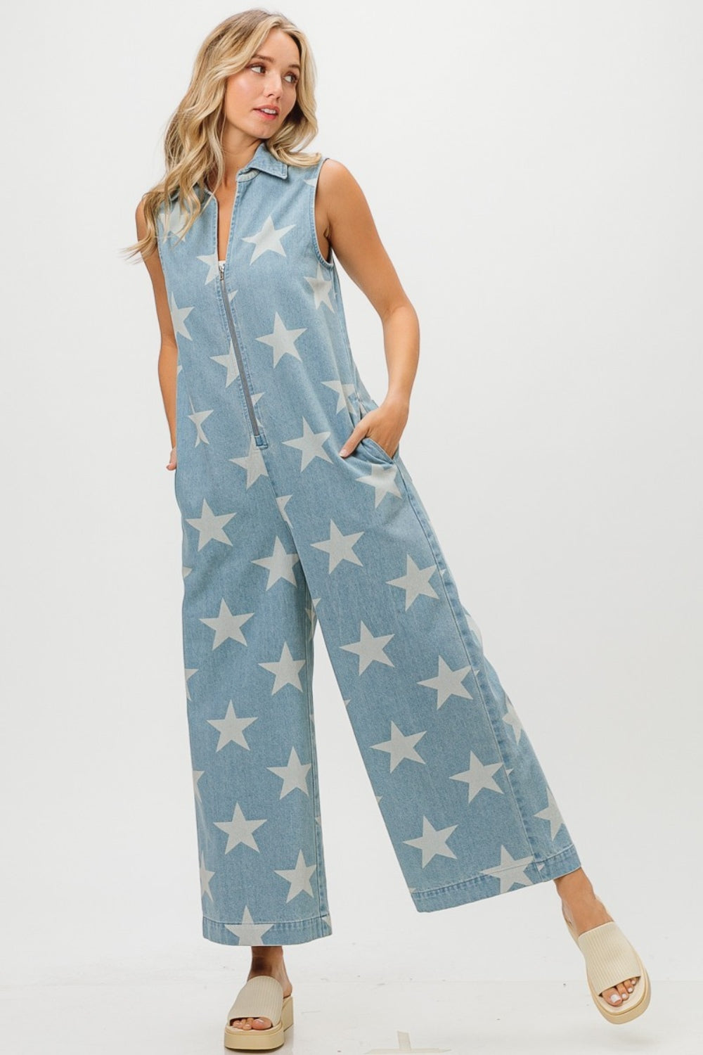 TEEK - Star Print Half Zip Sleeveless Denim Jumpsuit JUMPSUIT TEEK Trend   