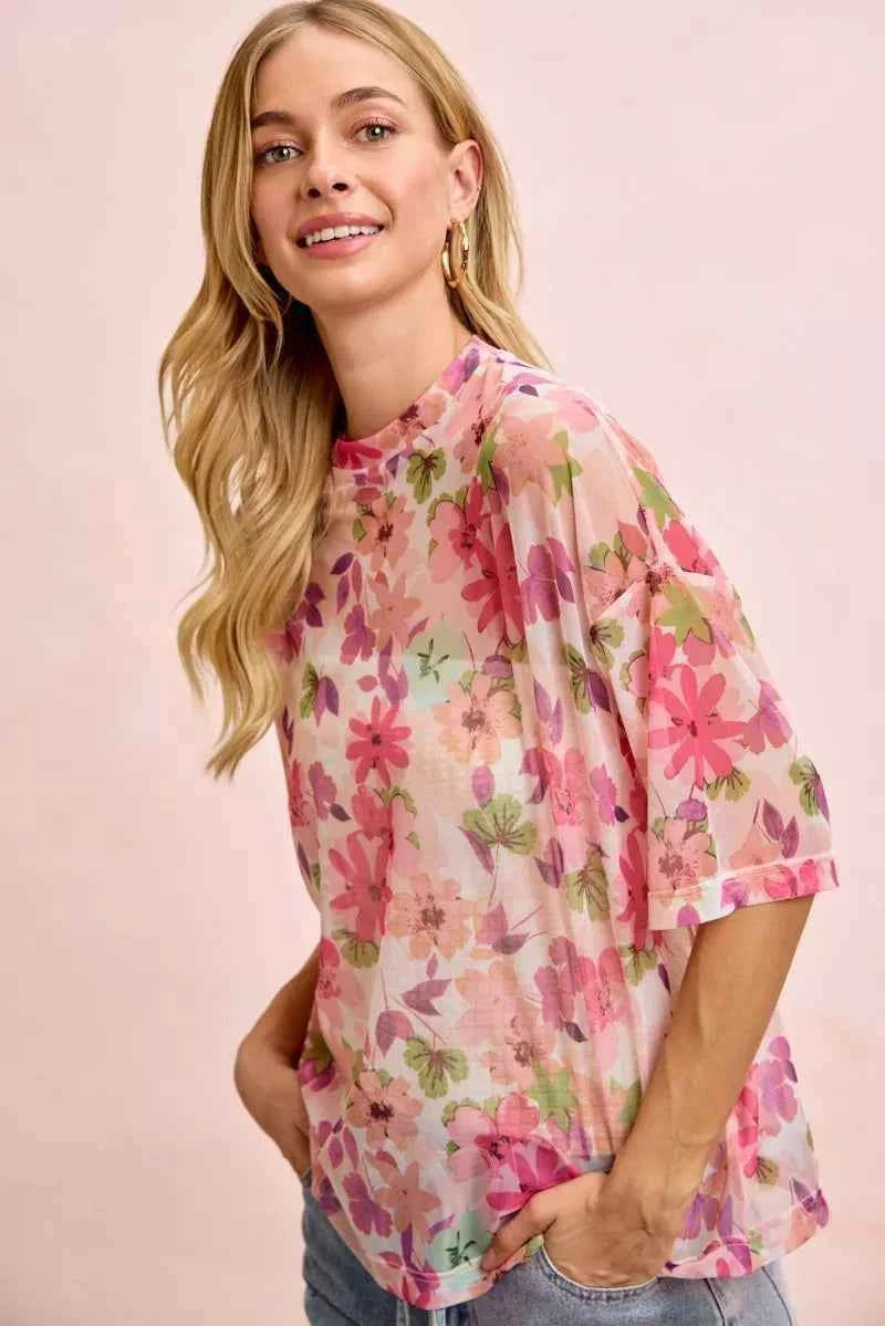 BiBi Floral Print Short Sleeves Boxy Mesh Top Trendsi