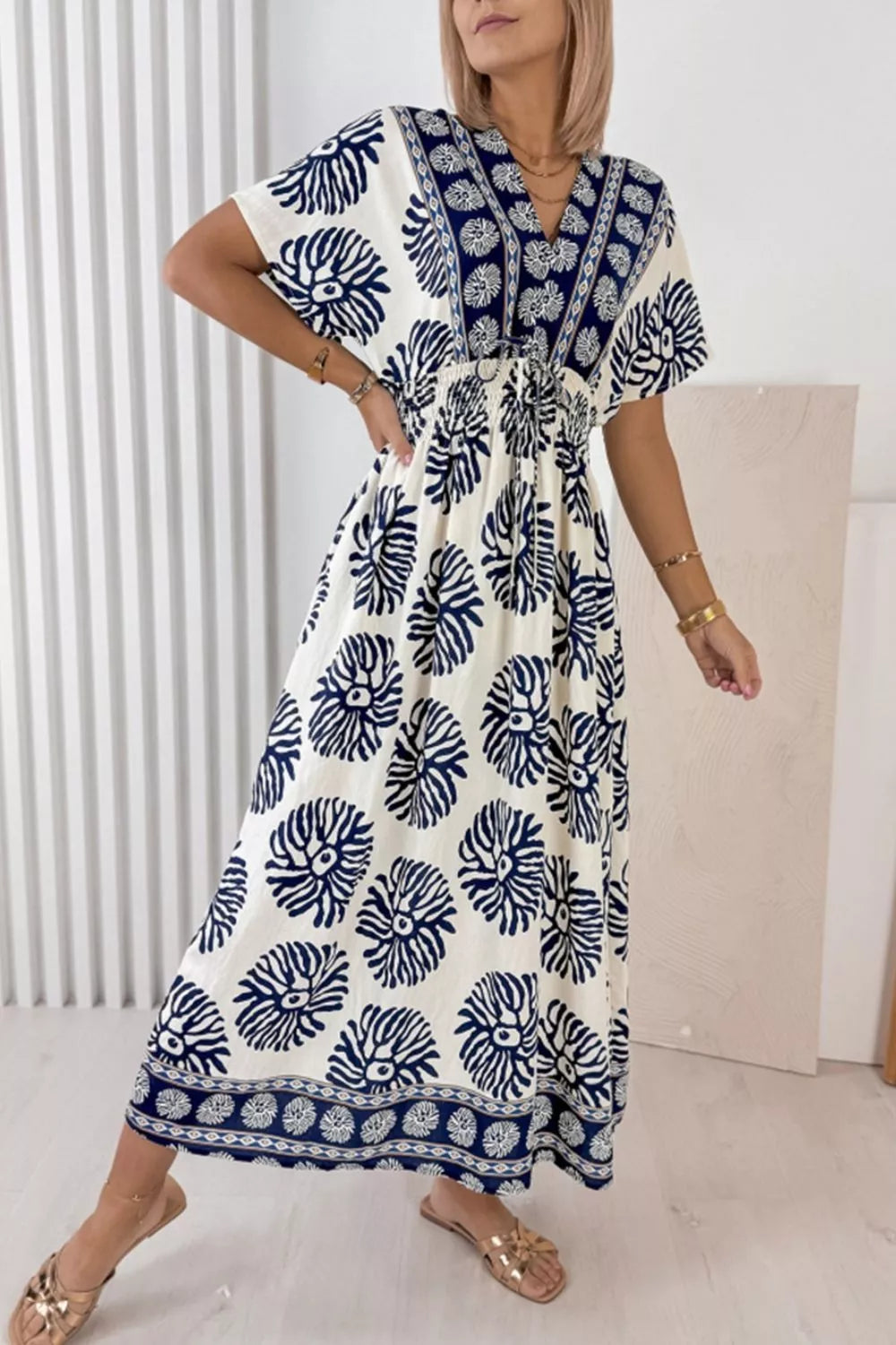 Floral Print Contrast Patchwork V Neck Dolman Dress Trendsi