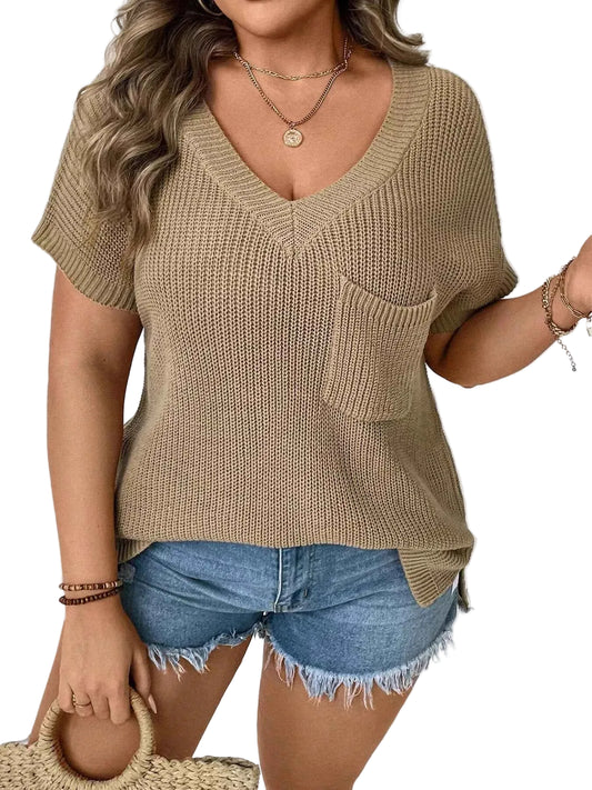 TEEK - Plus Size V-Neck Short Sleeve Pocketed Knit Top TOPS TEEK Trend Brown 0XL