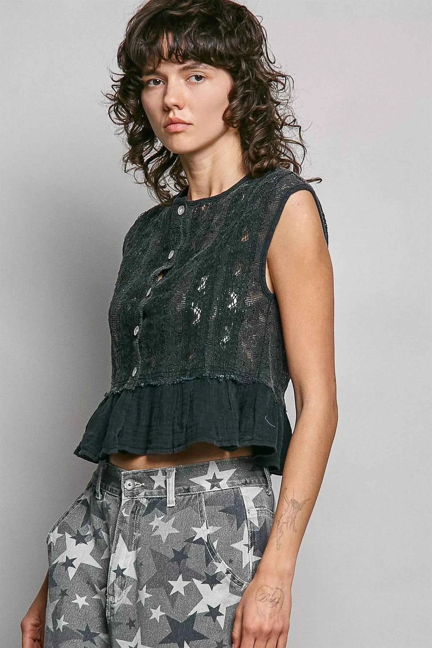POL Round Neck Lace Sleeveless Top with Double Gauze Ruffle Trendsi