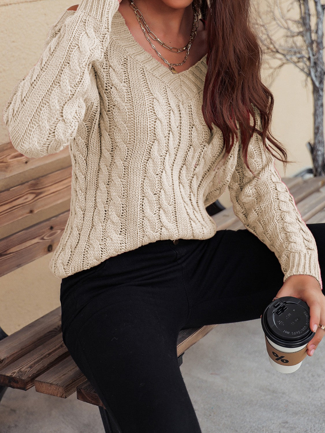 TEEK - Honey Cable-Knit V-Neck Cold Shoulder Sweater TOPS TEEK Trend