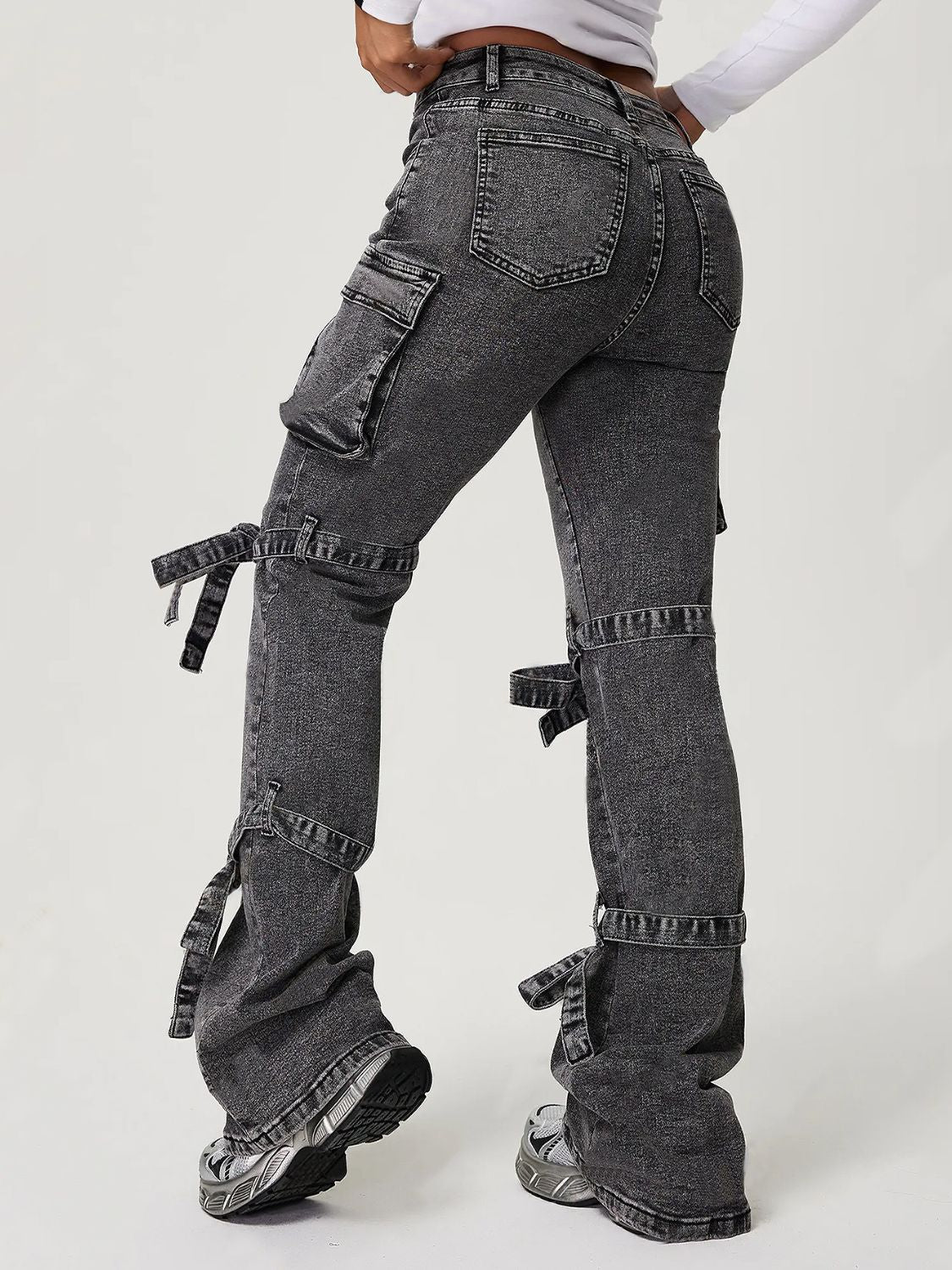 Bow Tied Mid Rise Jeans with Cargo Pockets TEEK Trend