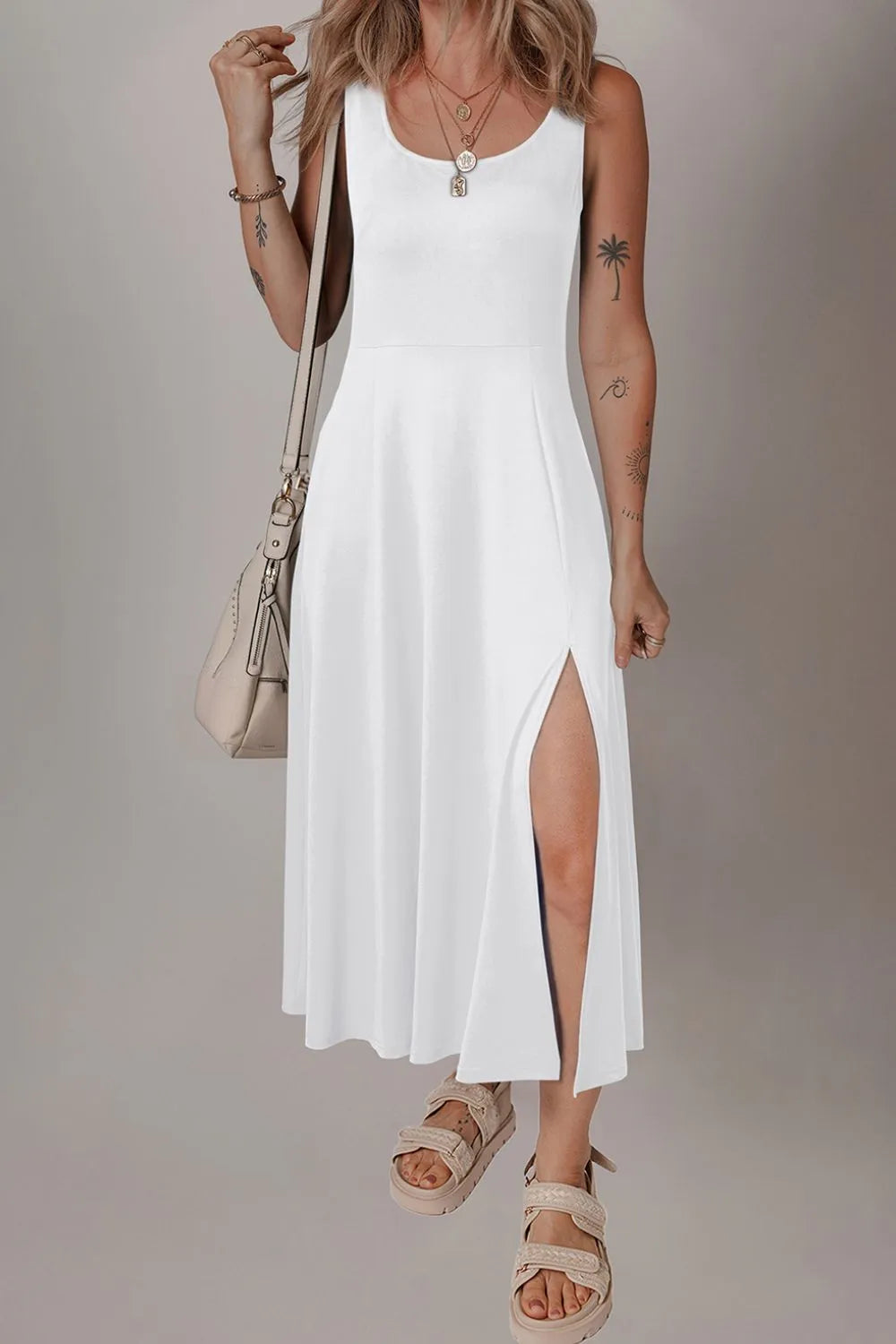 TEEK - Side Slit Scoop Neck Wide Strap Dress DRESS TEEK Trend White S