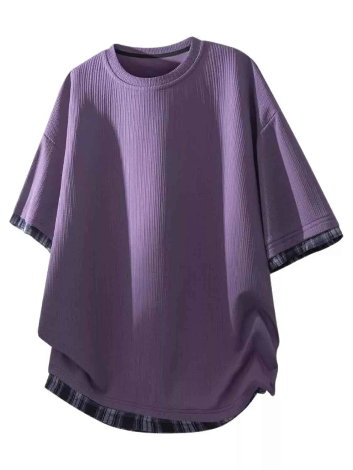 Men's Plus Size Short Sleeve Round Neck Plaid Trim T-Shirt Trendsi Purple M