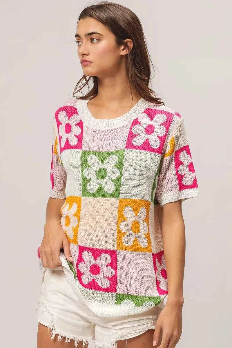 TEEK - Flower Checker Pattern Lightweight Sweater Top TOPS TEEK Trend