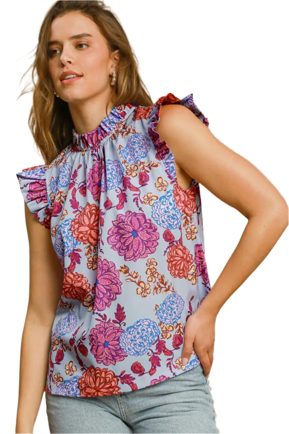 TEEK - Light Blue Floral Ruffled Cap Sleeve Blouse TOPS TEEK Trend S