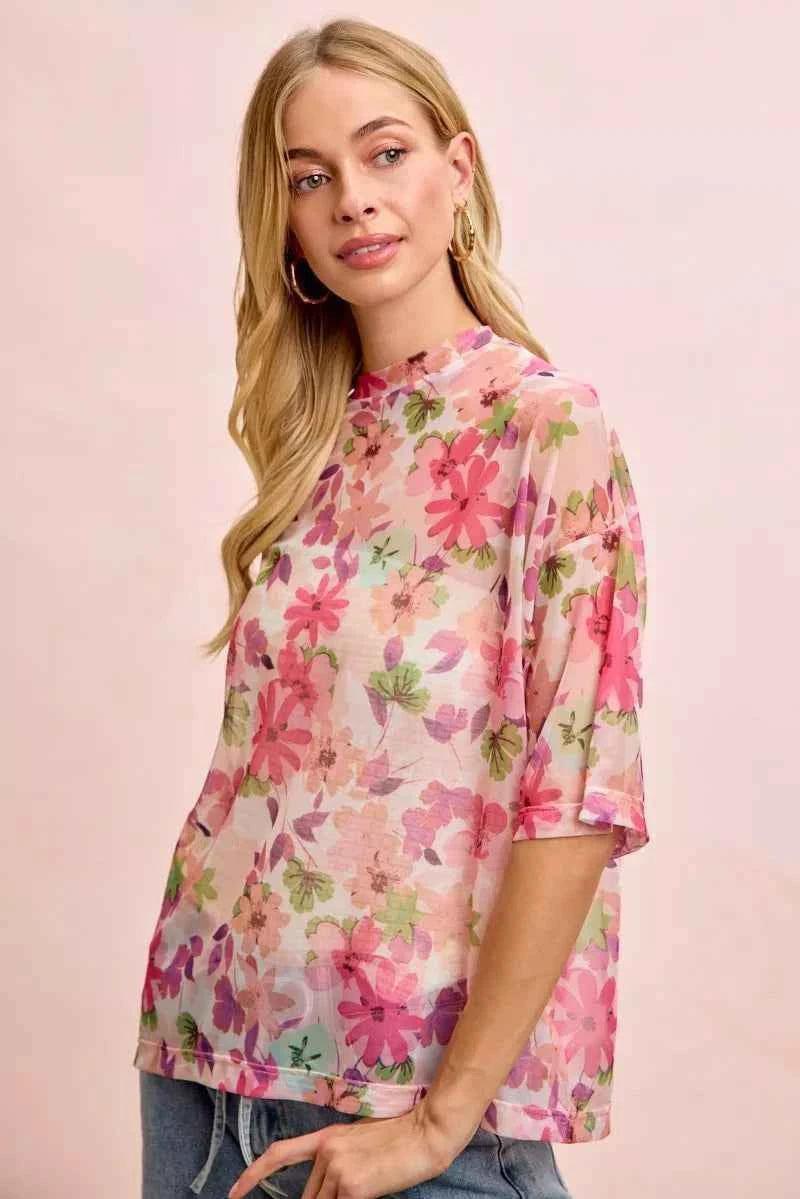 BiBi Floral Print Short Sleeves Boxy Mesh Top Trendsi