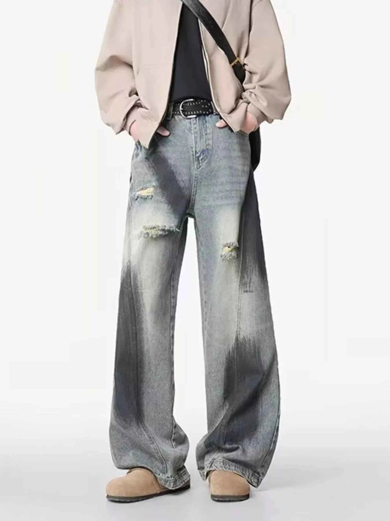 Men's Plus Size Distressed Wide Leg Jeans Trendsi