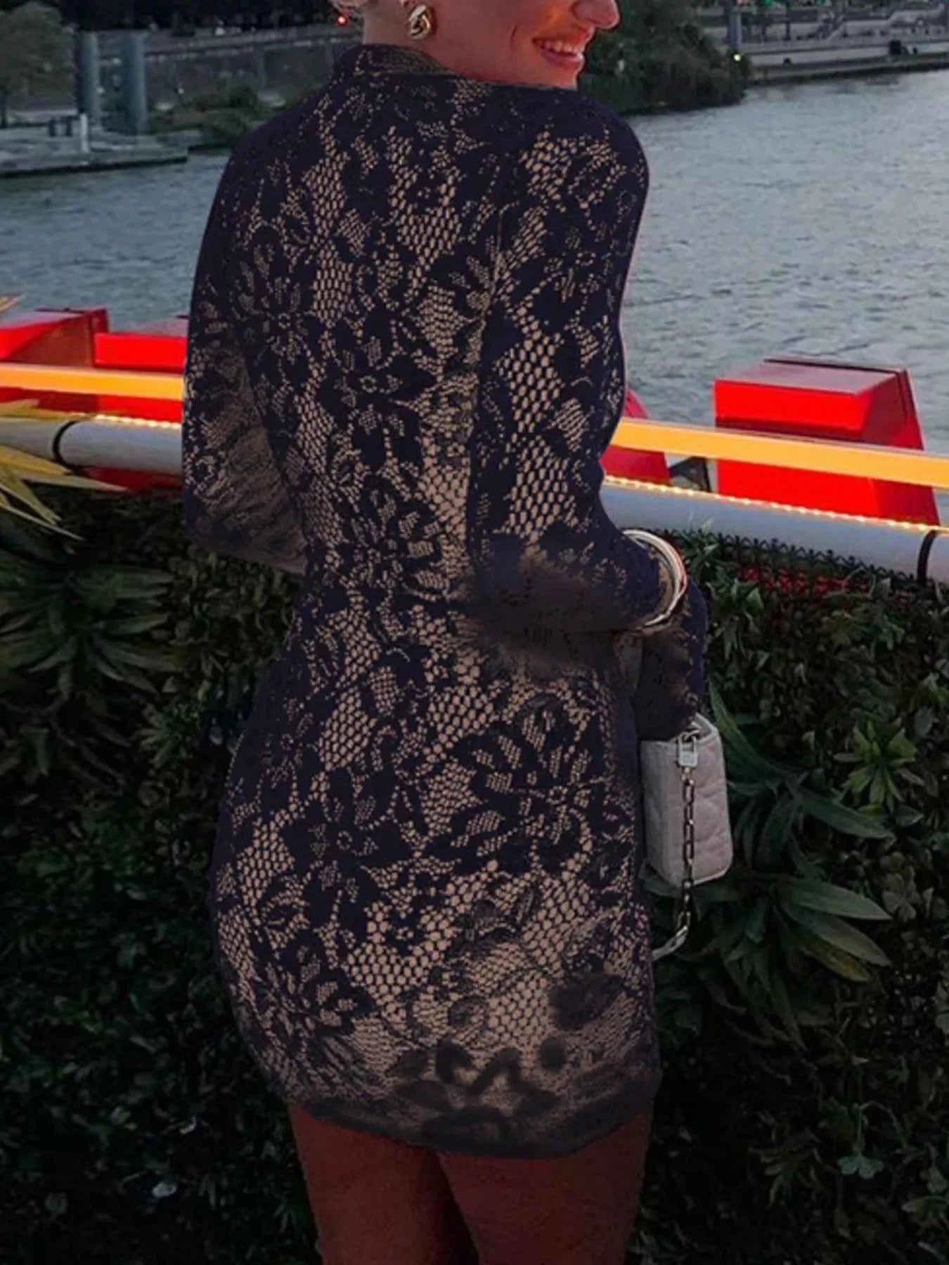 Lace Cutout Long Sleeve Mini Dress Trendsi