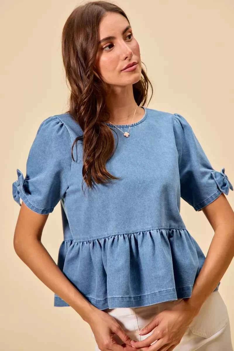 TEEK - Denim Bow Detail Short Sleeves Peplum Top TOPS TEEK Trend