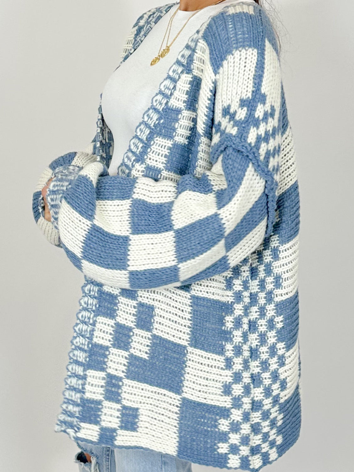 Checkered Open Front Long Sleeve Cardigan TEEK Trend