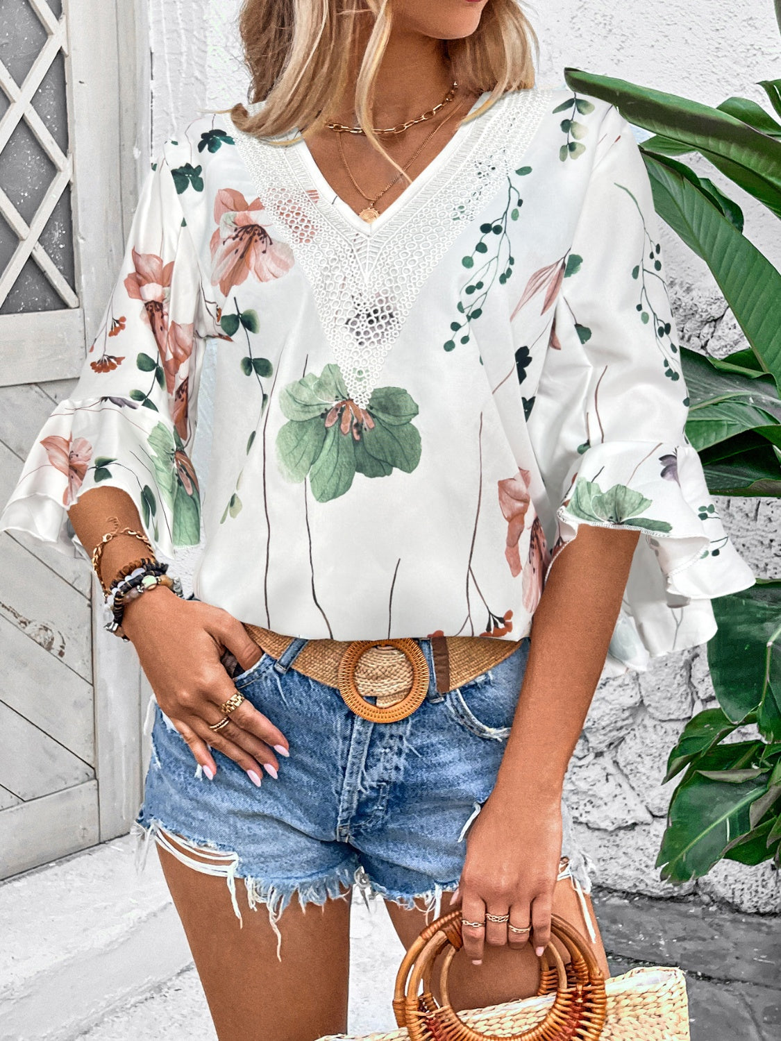 TEEK - Honey Ruffled Printed V-Neck Half Sleeve Blouse TOPS TEEK Trend Green S 