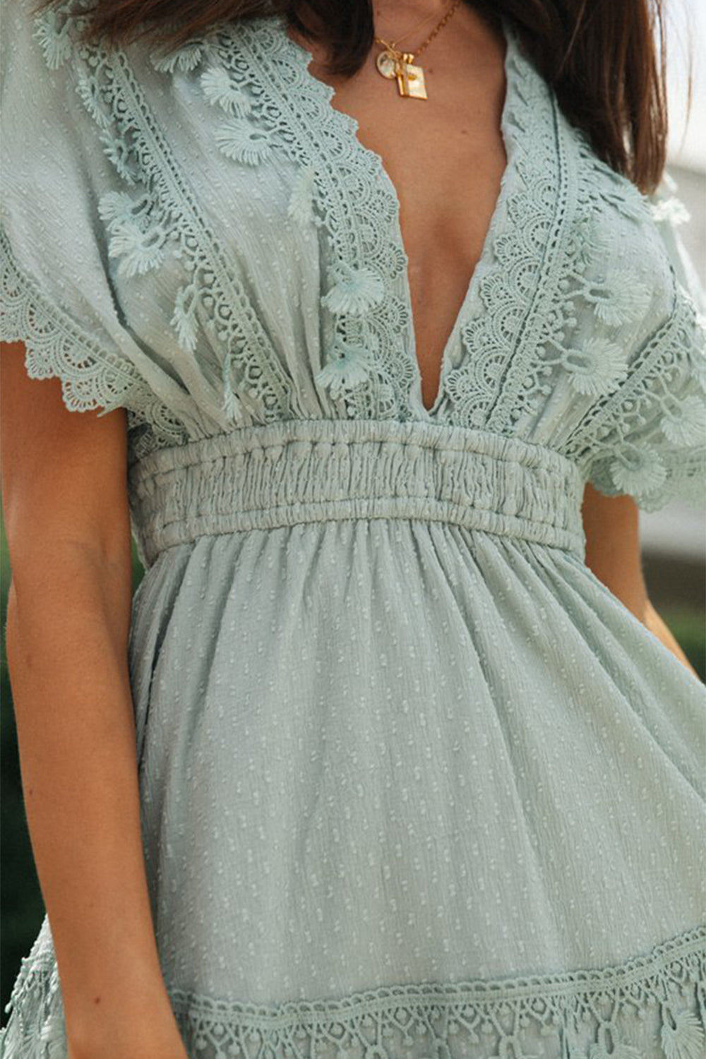 TEEK - Sage Lace Detail Plunge Short Sleeve Dress DRESS TEEK Trend   