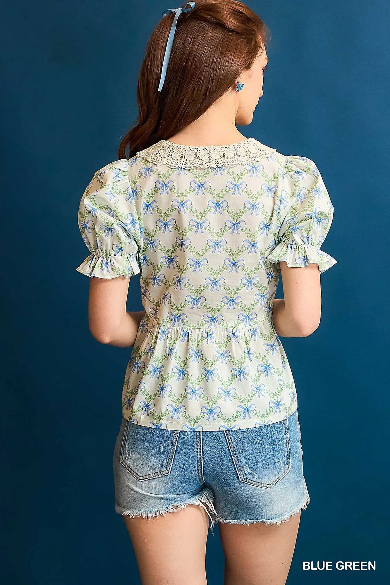 TEEK - Blue Green Lace Detail Bow Flounce Sleeve Blouse TOPS TEEK Trend