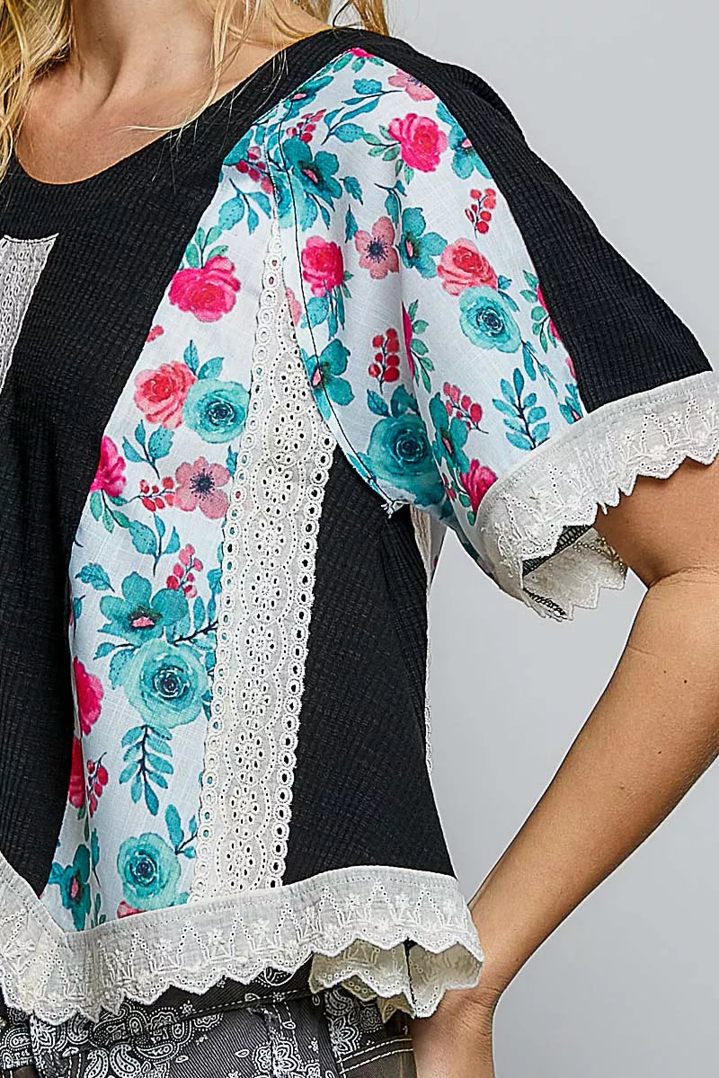 POL Round Neck Ribbed Cropped Top with Lace Detail Trendsi