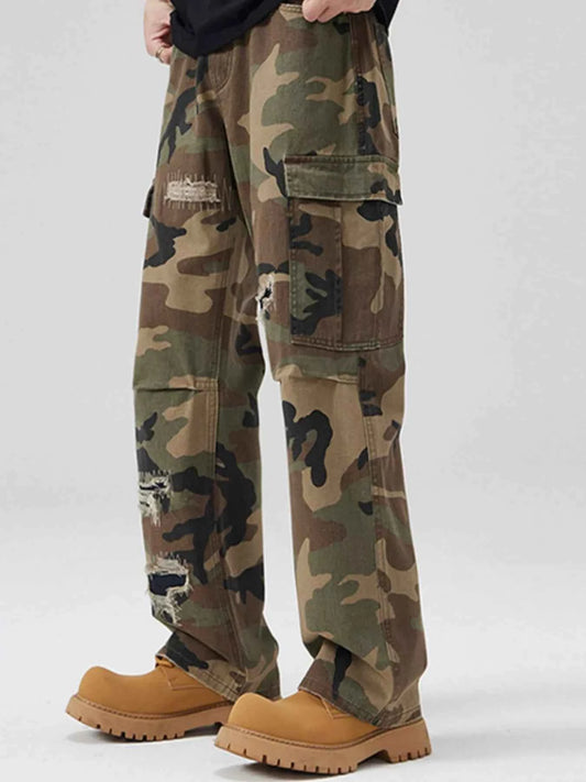 TEEK - Mens Ripped Patch Embroidery Camo Cargo Pants PANTS TEEK Trend