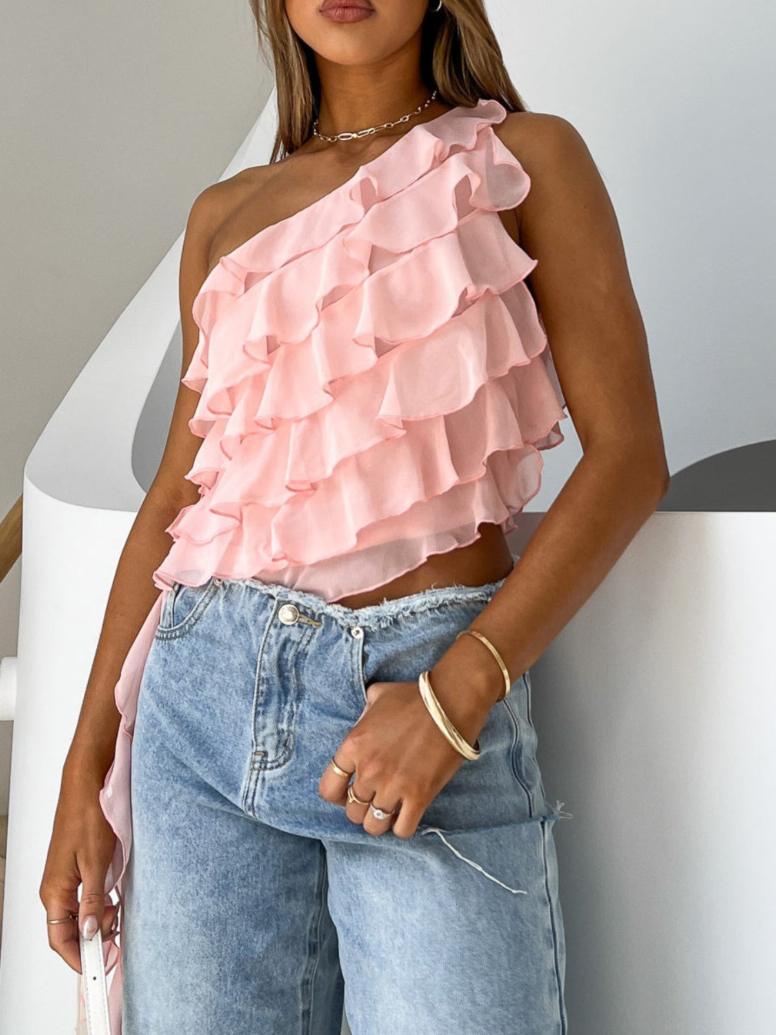 TEEK - Layered Ruffled One Shoulder Tank TOPS TEEK Trend   