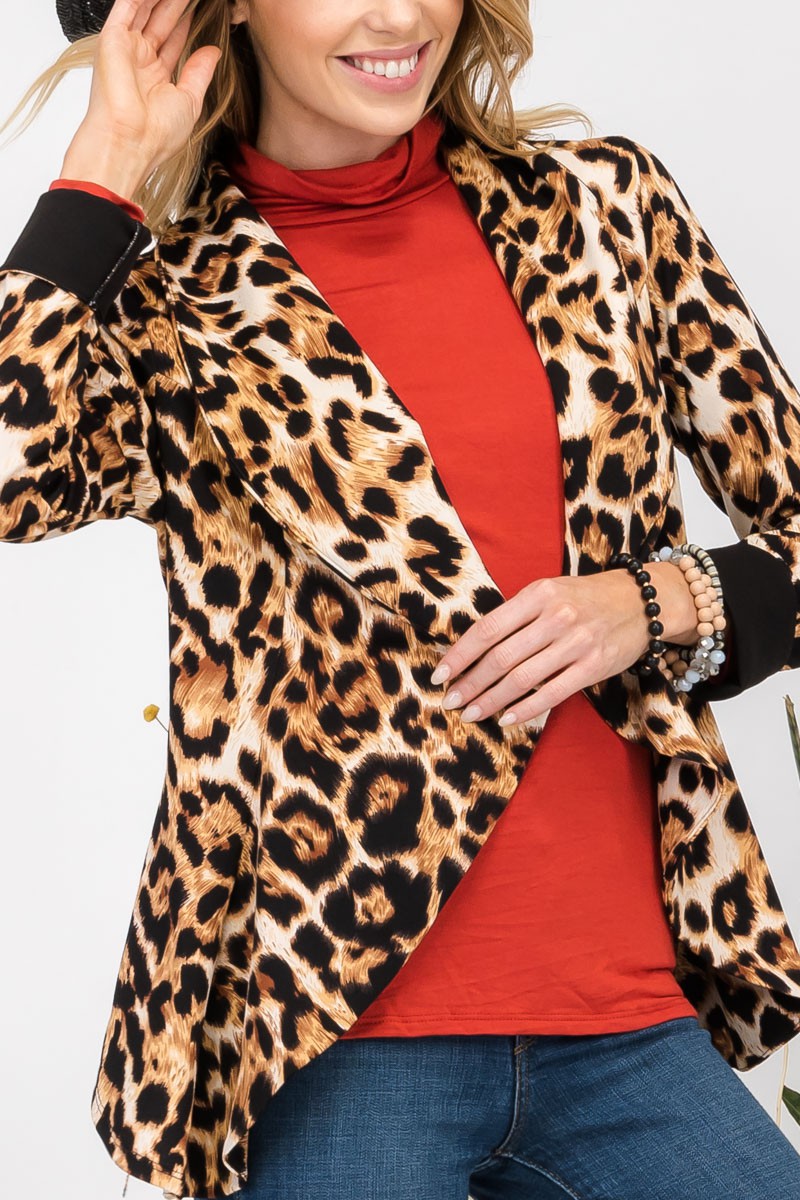 TEEK - Leopard Open Front Long Sleeve Blazer JACKET TEEK Trend