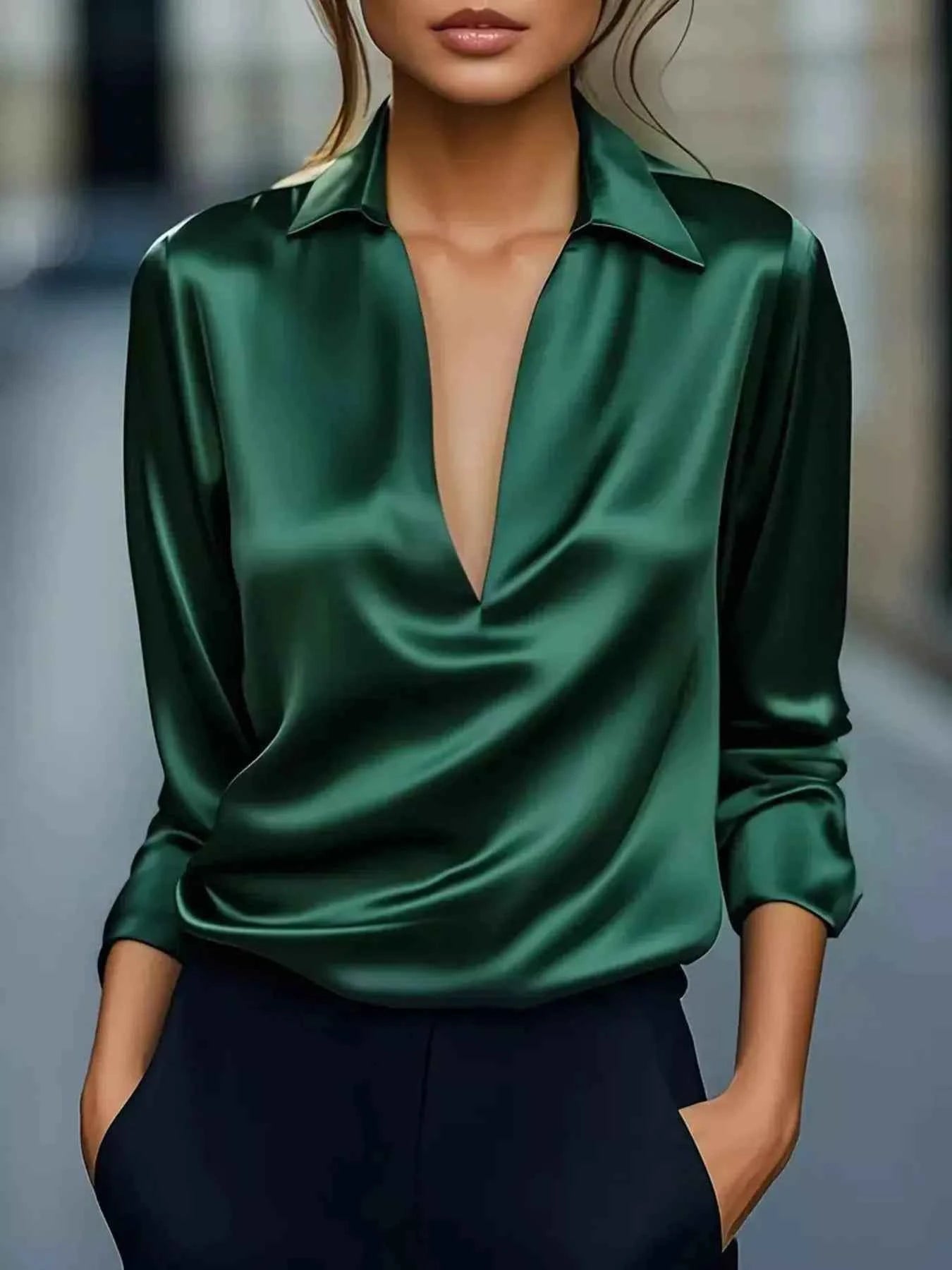 TEEK - Elegant Deep V Long Sleeve Blouse TOPS TEEK Trend Green S