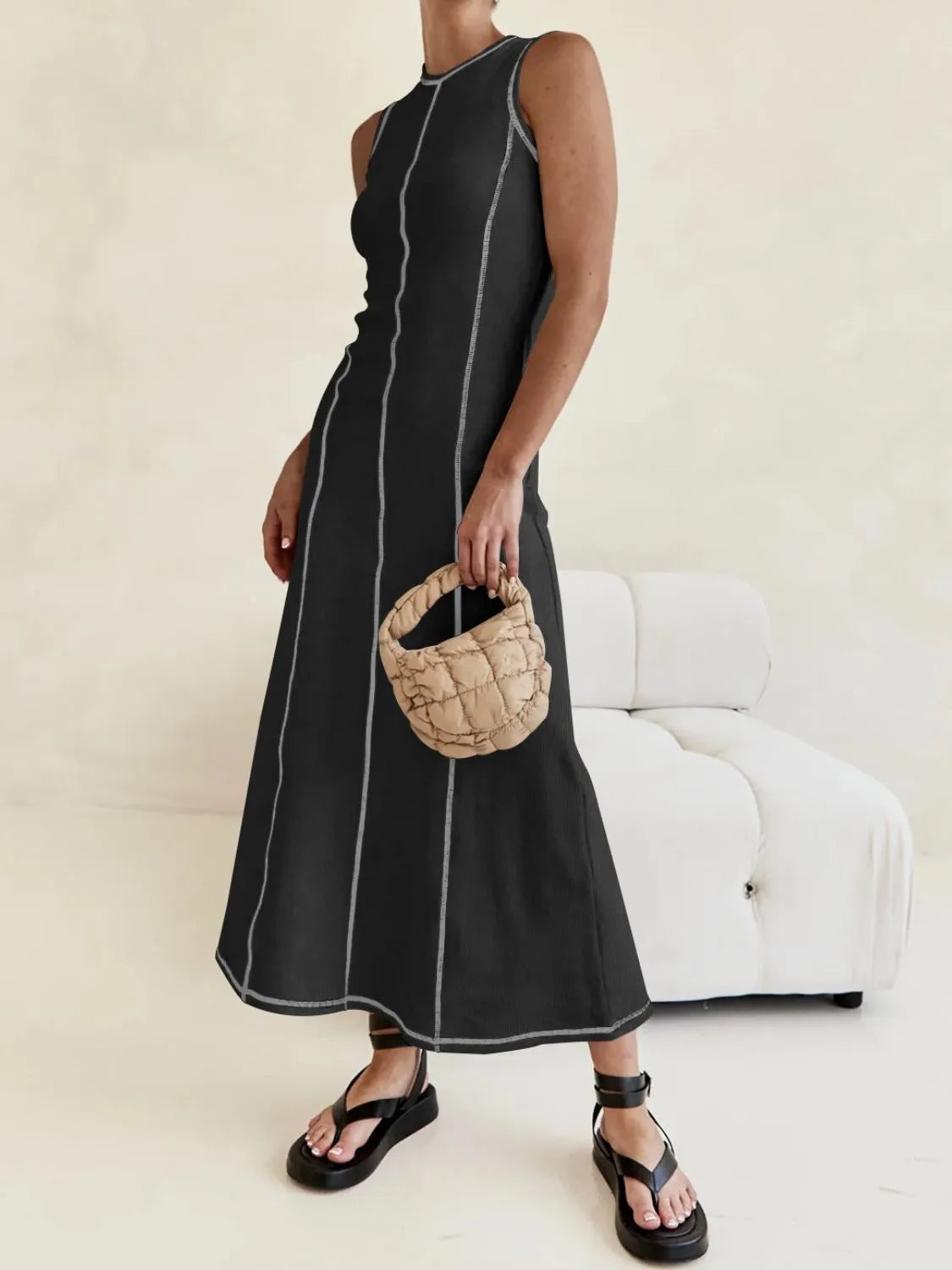 TEEK - Contrast Stitching Round Neck Sleeveless Dress DRESS TEEK Trend