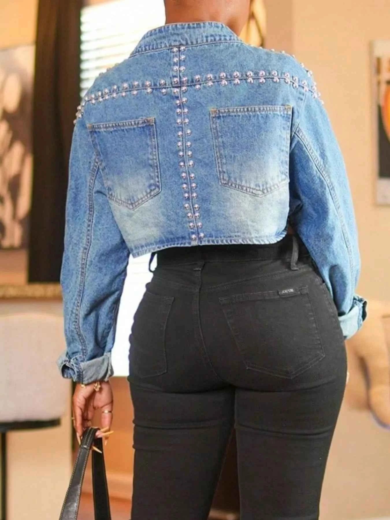 TEEK - Studded One Button Cropped Denim Top TOPS TEEK Trend